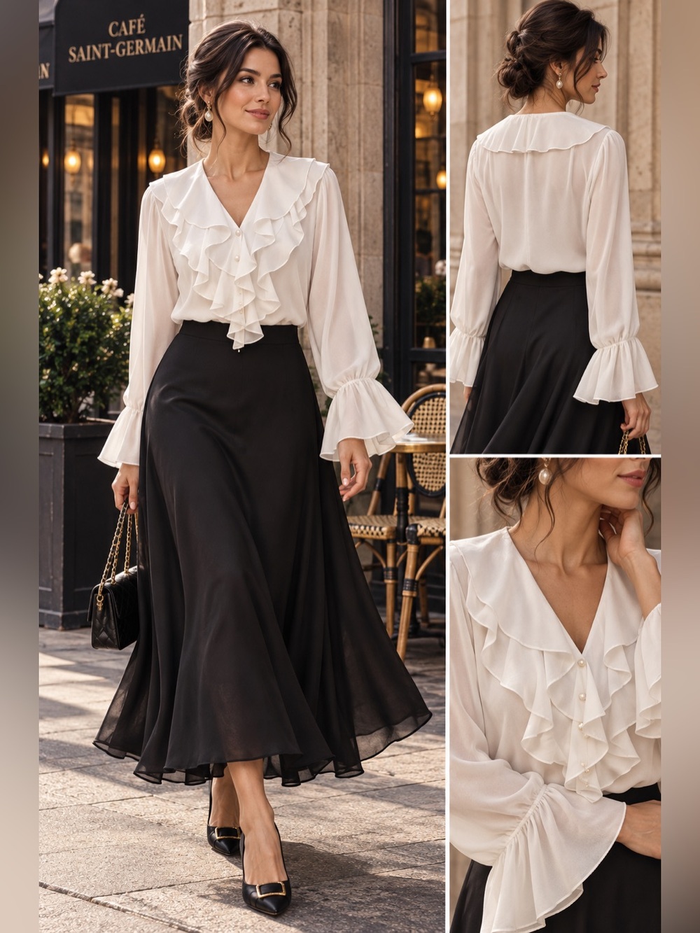 Vintage Elegant Ivory Ruffle V-Neck Blouse by Elite Brand Made in Canada 🇨🇦